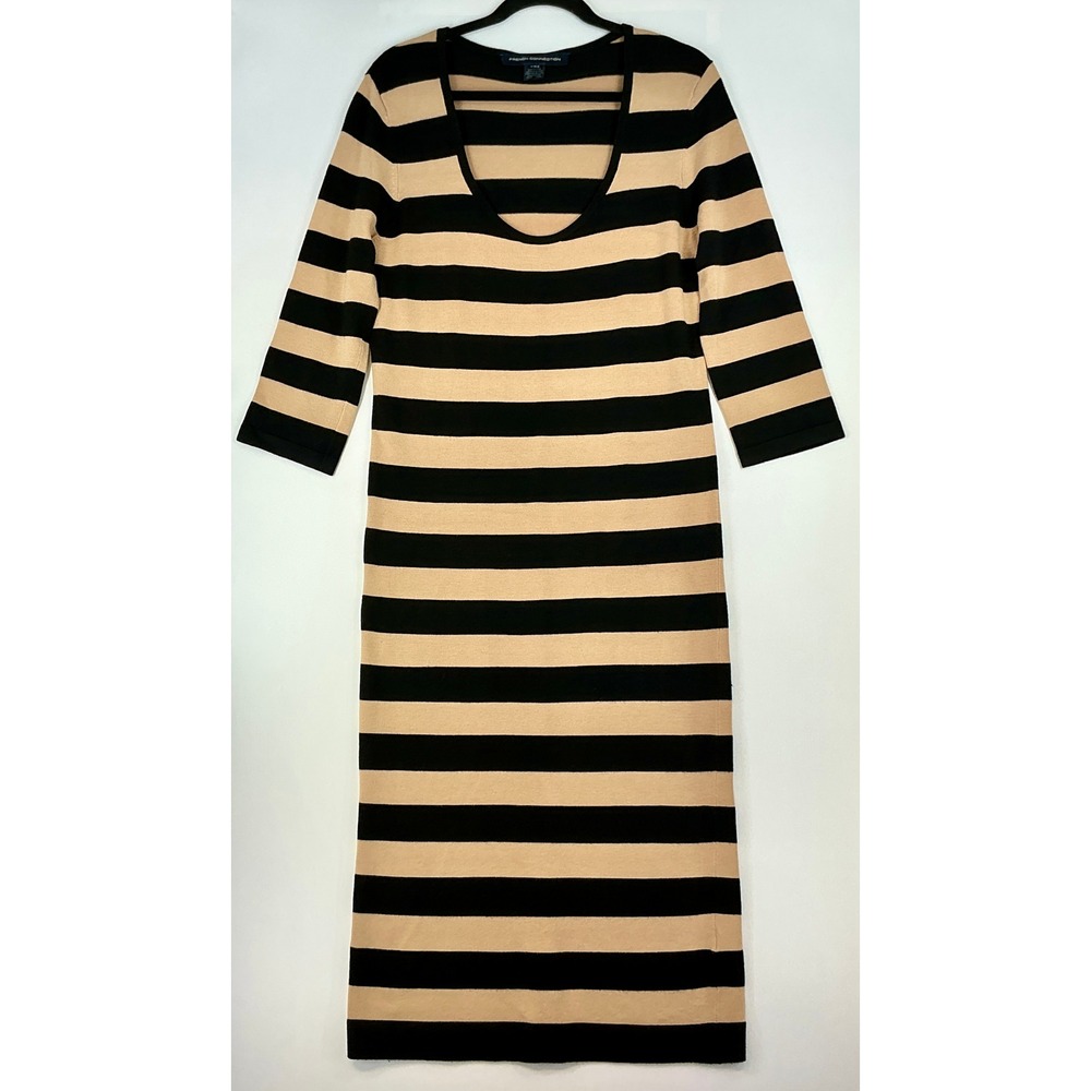 French‎ Connection Midi Knit Dress M Black Tan Striped 3/4 Sleeve Cutout